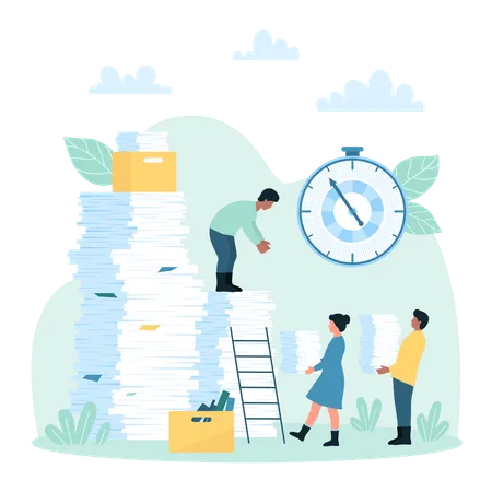Paperwork Organization In Office Work Vector Illustration Cartoon Busy Tiny People Carry Heavy Stacks Of Paper Documents And Bills To Big Pile Too Much Business Paperwork Deadline And Bureaucracy Illustration