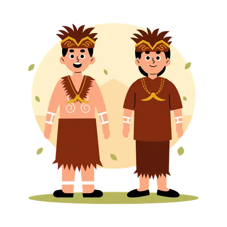 Illustration Of A Man And Woman Dressed In Traditional Papua Clothing Showcasing The Rich Cultural Heritage Of Indonesia Illustration