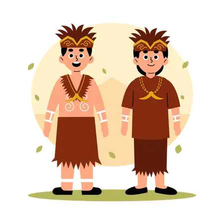 Papua Traditional Couple in Cultural Clothing  Illustration