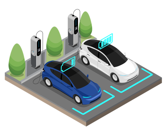 Parada de coches eléctricos EV en la estación de carga  Ilustración