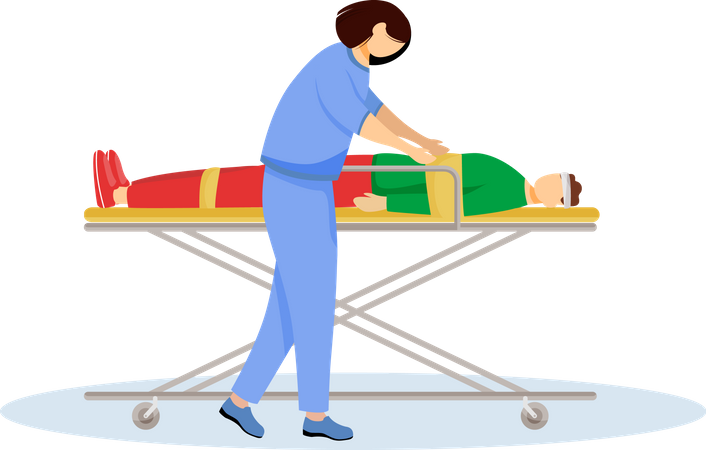 Paramedic with injured patient on stretcher  Illustration