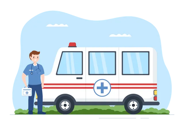 Paramédico com ambulância  Ilustração