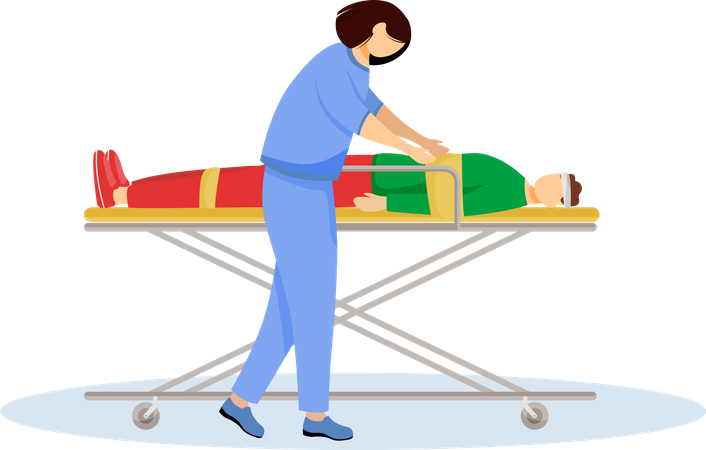 Paramédico com paciente ferido em maca  Ilustração