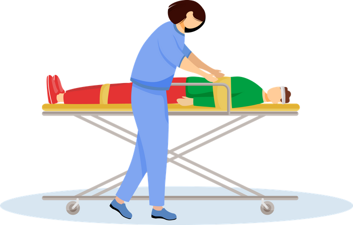 Paramédico con paciente herido en camilla  Ilustración