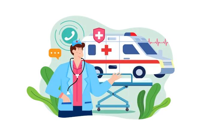 Furgoneta masculina paramédico y ambulancia  Ilustración