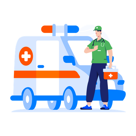 Paramedics standing near ambulance  Illustration