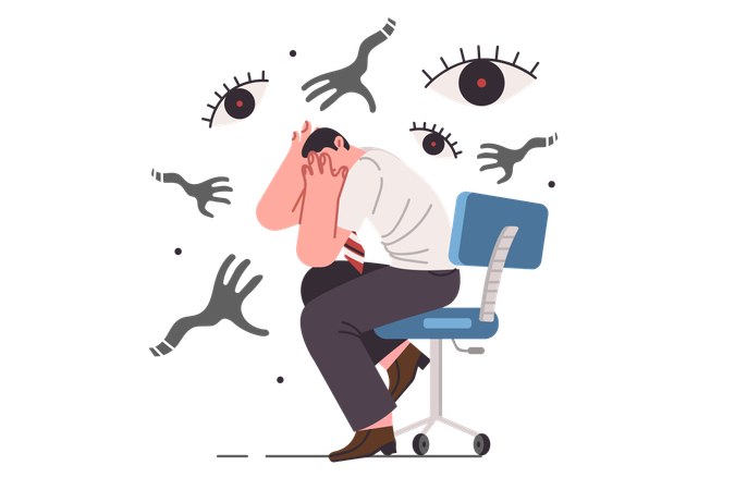 Paranoia and panic attack cause fear in business man  Illustration