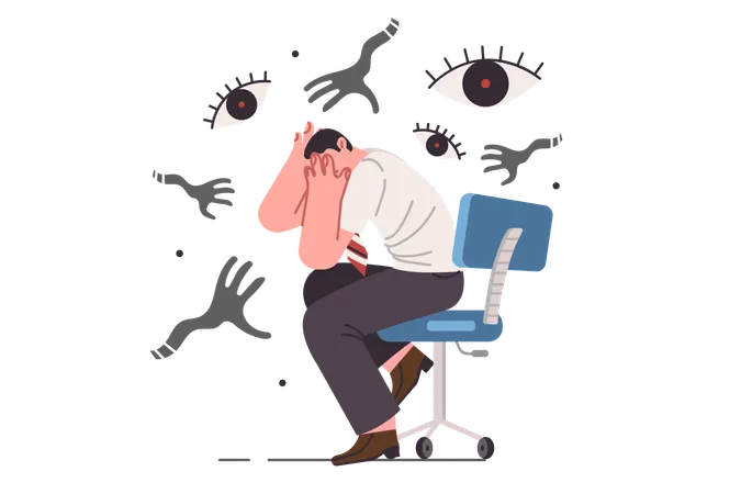 Paranoia and panic attack cause fear in business man  Illustration