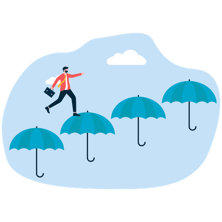 Parapluie pour protéger l'homme d'affaires qui grimpe vers le haut  Illustration