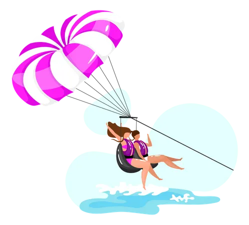 Parasailing Flat Vector Illustration Extreme Sports Experience Active Lifestyle Summer Vacation Fun Activities Ocean Turquoise Waves Couple Isolated Cartoon Character On Blue Background Illustration