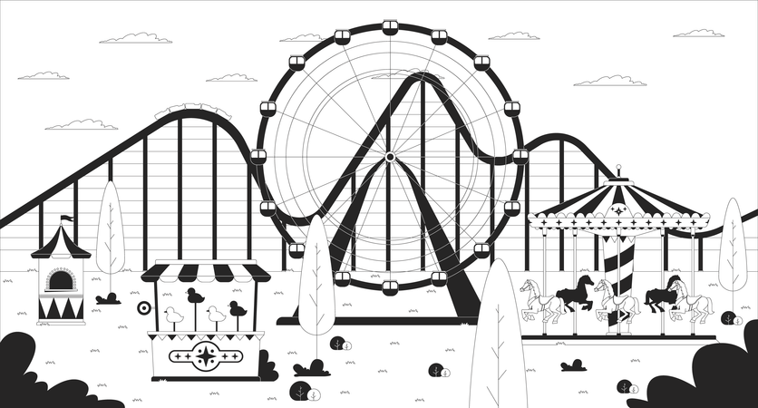 Parc d'attractions vide avec grande roue  Illustration