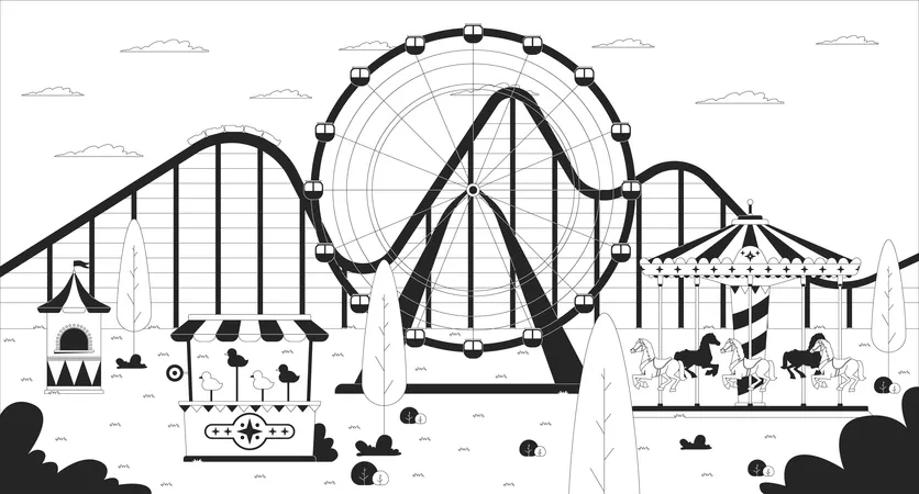 Parc d'attractions vide avec grande roue  Illustration