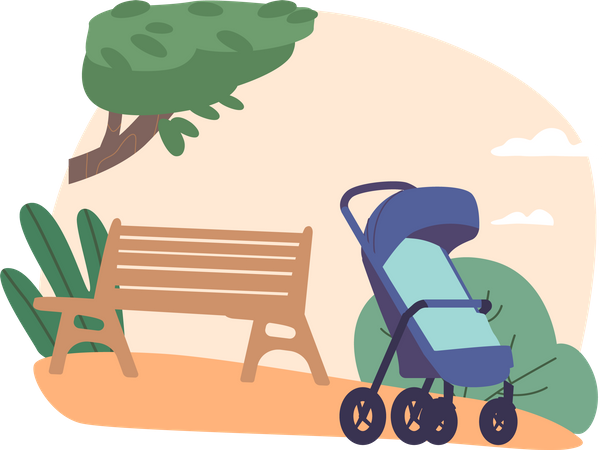 Parc d'été serein et poussette bébé  Illustration