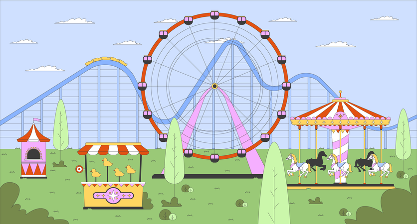 Parc d'attractions vide avec grande roue et carrousel  Illustration