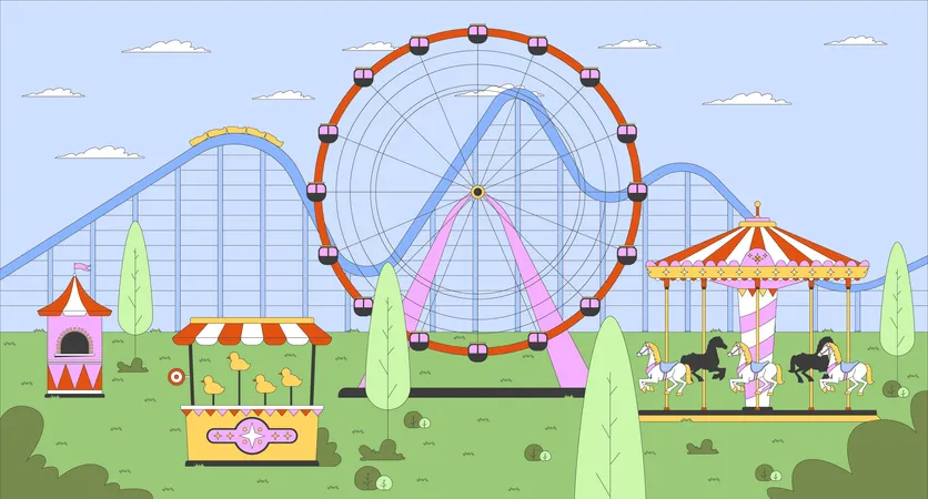 Parc d'attractions vide avec grande roue et carrousel  Illustration
