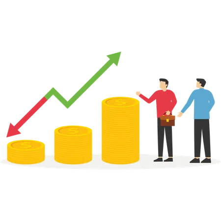 Parceiros em pé perto de pilhas de moedas e setas para cima e para baixo  Ilustração