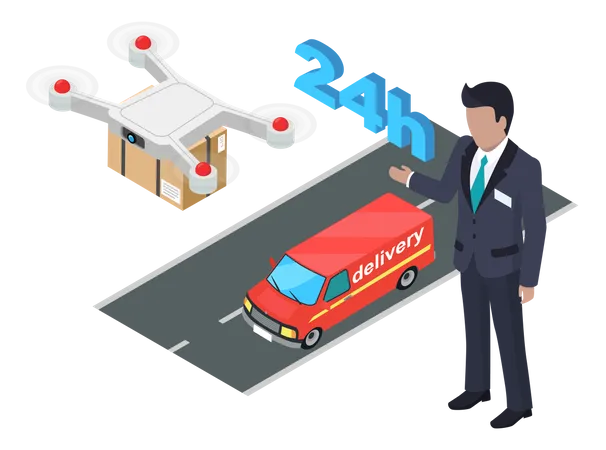 Parcel delivery using flying drone Illustration