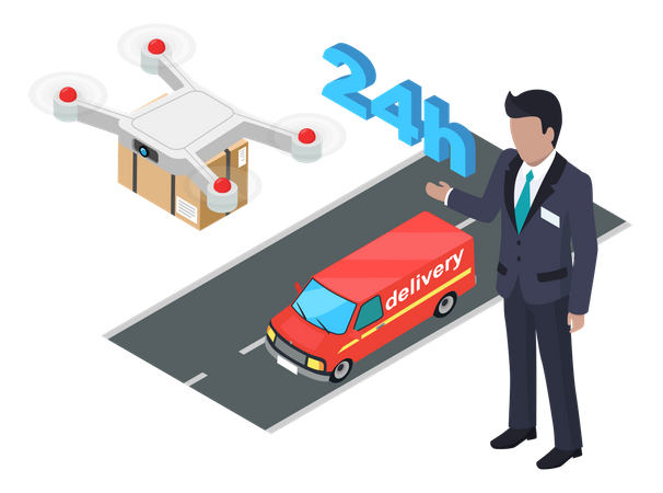 Parcel delivery using flying drone  Illustration