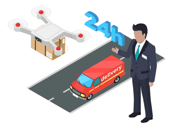 Parcel delivery using flying drone  Illustration