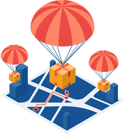 Parcel with Parachute Drop on City Map  Illustration