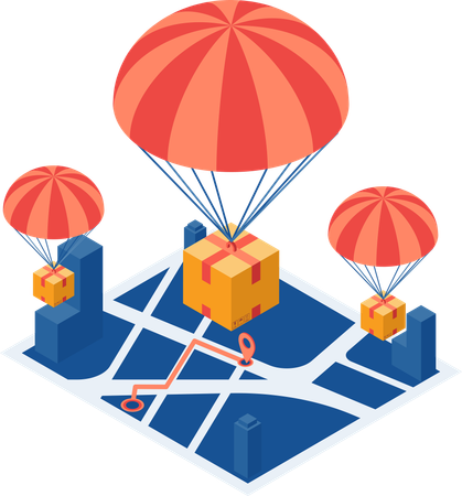 Parcel with Parachute Drop on City Map  Illustration
