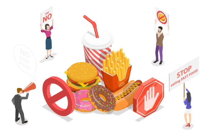 Pare De Comer Junk Food Perigo De Fast Food Nutricao Sem Risco A Saude Ilustracao Conceitual De Vetor Plano Isometrico 3 D Ilustração