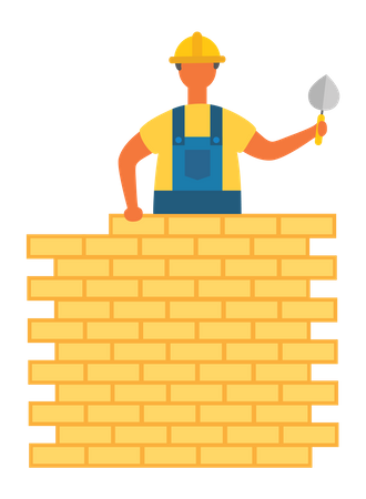 Parede de construção de trabalhador da construção civil  Ilustração
