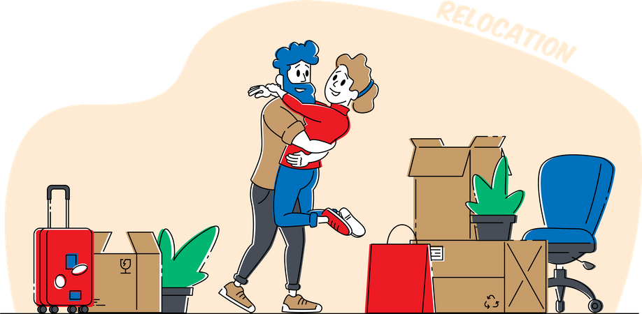 Una pareja abrazándose después de mudarse a un nuevo hogar  Ilustración