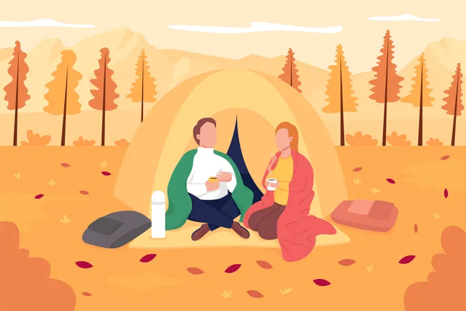 Pareja acampando durante el otoño  Ilustración