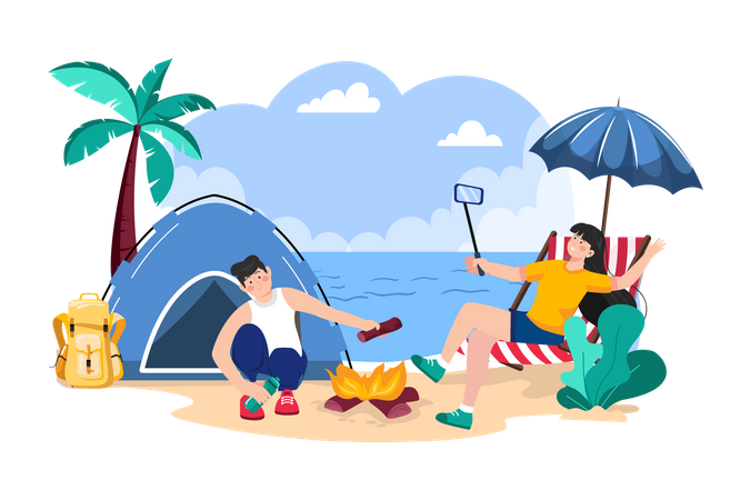 Pareja acampando en la playa  Ilustración