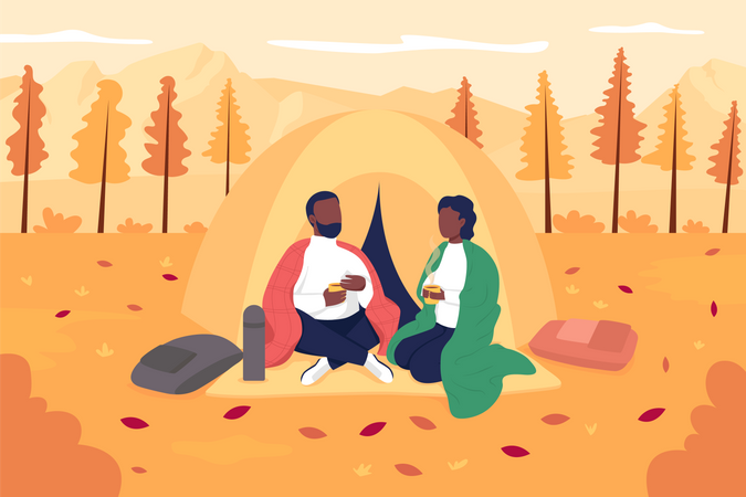 Pareja acampando en otoño  Ilustración