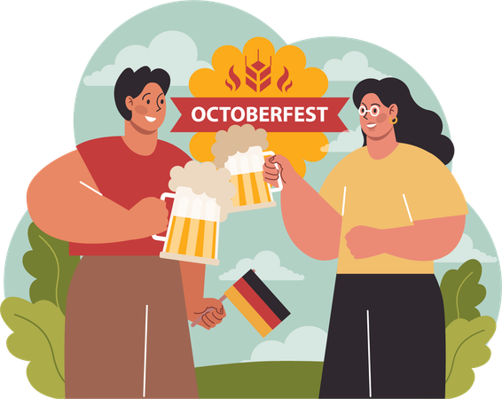Pareja aclama vaso de cerveza  Ilustración