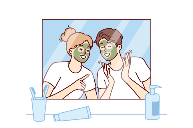 Una pareja alegre con una máscara rejuvenecedora en las caras se mira en el espejo  Ilustración
