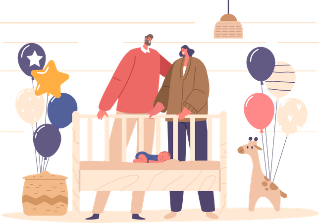 Una pareja alegre viendo a su bebé recién nacido durmiendo en casa en la cuna  Ilustración