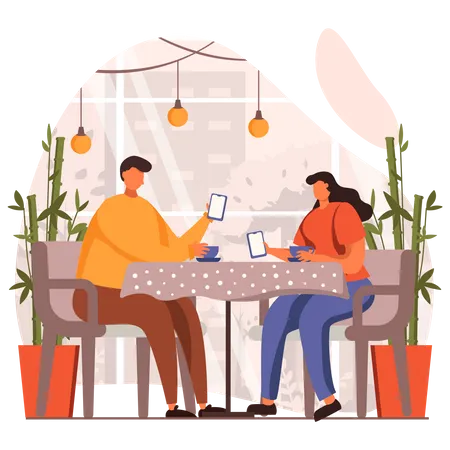 Pareja almorzando con smartphone  Ilustración