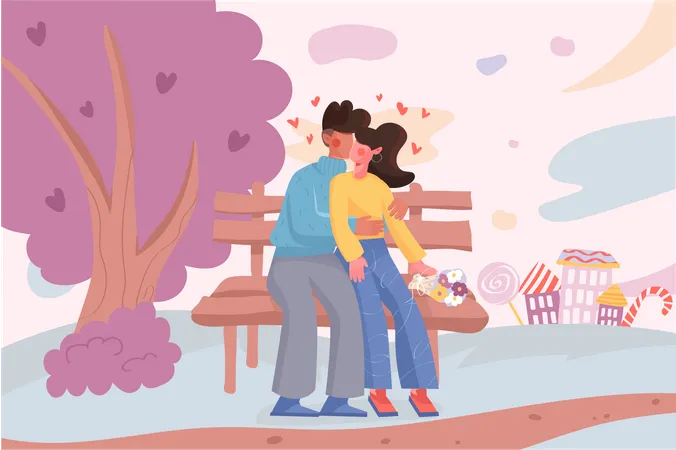 Amorosa pareja besándose en un banco en el parque  Ilustración