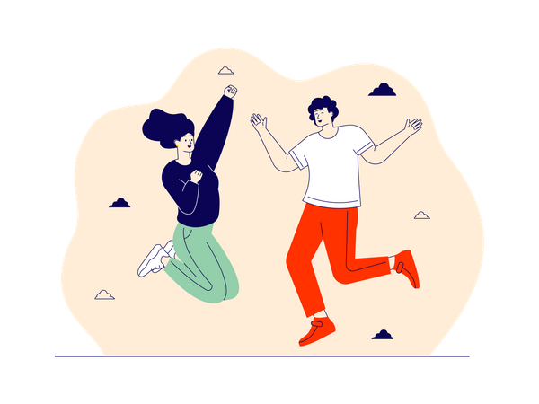 Una pareja amorosa saltando de humor feliz  Ilustración