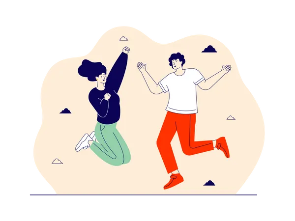 Una pareja amorosa saltando de humor feliz  Ilustración