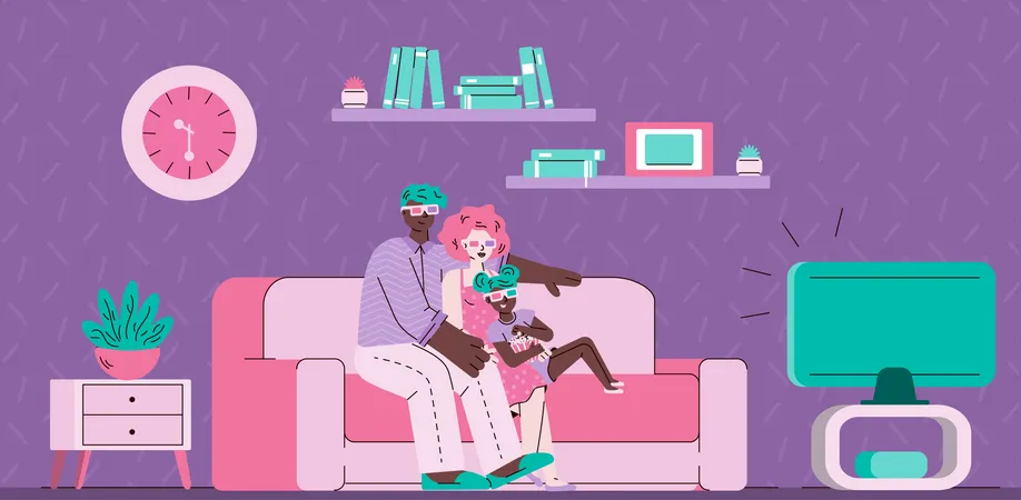 Una pareja amorosa viendo televisión sentada en el sofá de la habitación  Ilustración