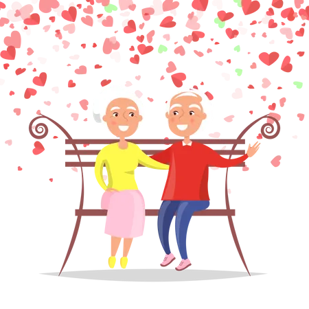 Anciano Abrazando A Una Mujer Sentada En Un Banco Abuelo Sonriente Abrazando A La Abuela Dia Romantico Postal De San Valentin Decorada Con Vectores De Corazones Rojos Ilustración