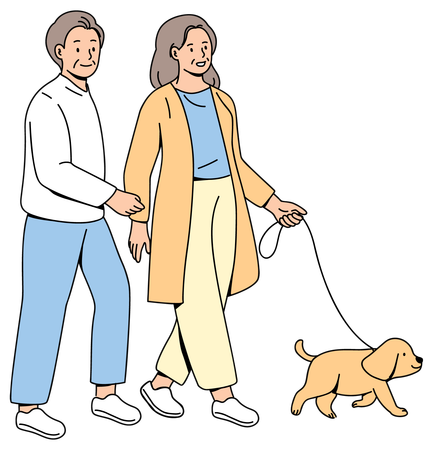 Pareja de ancianos paseando con perro  Ilustración