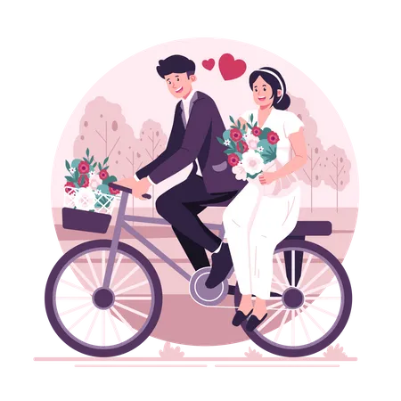 La pareja anda en bicicleta el día de la boda  Ilustración