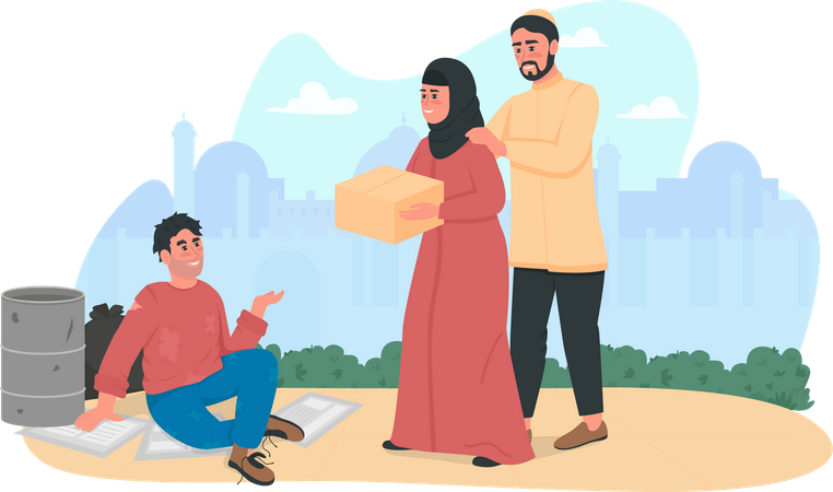 Una pareja árabe ayudando a una persona sin hogar  Ilustración