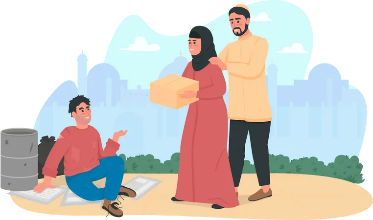 Una pareja árabe ayudando a una persona sin hogar  Ilustración
