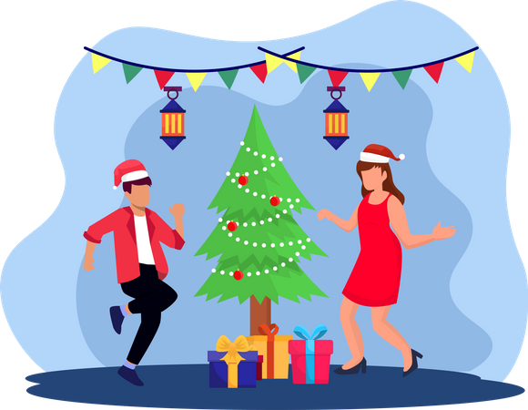 Pareja bailando en fiesta de navidad  Ilustración