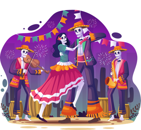 Pareja bailando en la fiesta mexicana de Halloween  Ilustración