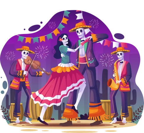 Pareja bailando en la fiesta mexicana de Halloween  Ilustración