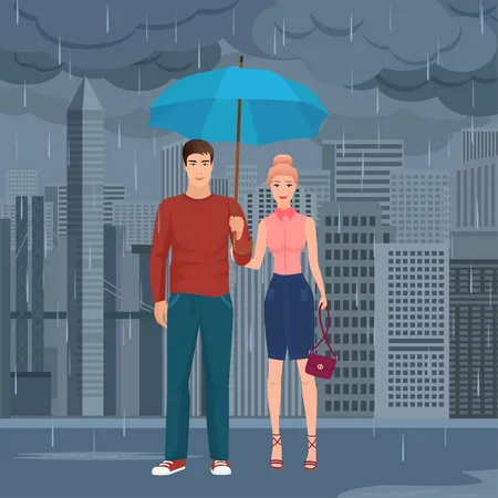 Pareja bajo paraguas en lluvia  Ilustración