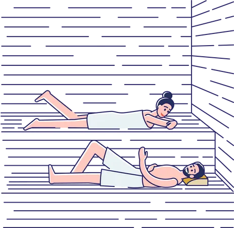 Pareja Banandose En Sauna O Banya Hombre Y Mujer Felices En Toallas Relajandose En El Spa Actividad Para El Concepto De Salud Bienestar Y Recreacion Ilustracion De Vector Lineal De Dibujos Animados Ilustración