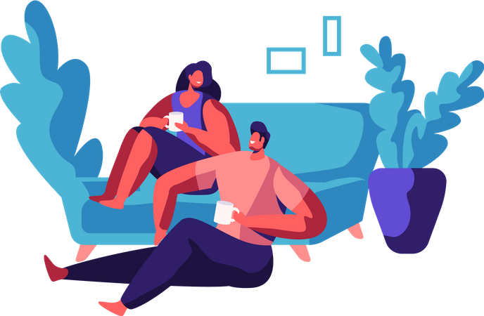 Pareja bebiendo café juntos en casa  Ilustración